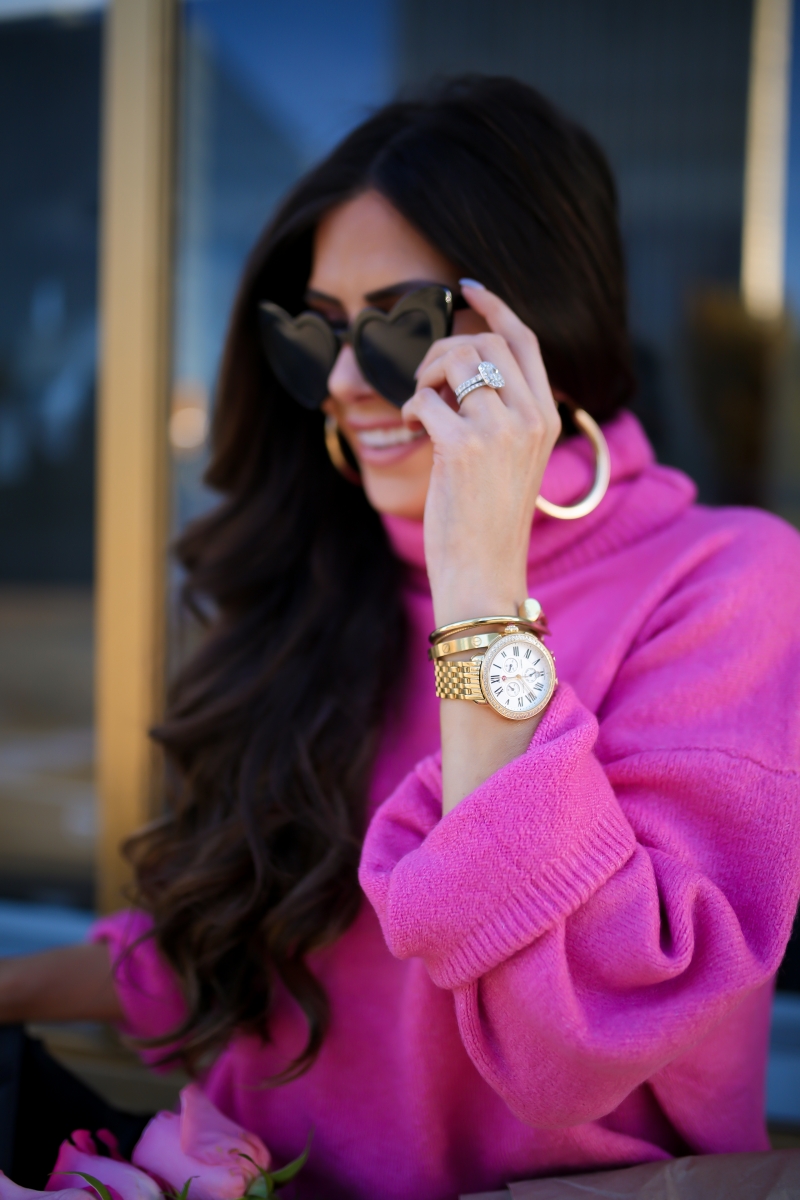Fall fashion pinterest 2018, hot pink turtleneck sweater oversized topshop, express high waisted denim, cat eye heart sunglasses YSL dupe, emily ann gemma-6