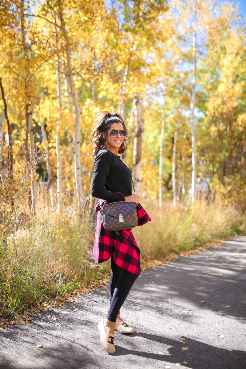 fall fashion pinterest 2018, cute casual fall outfit with leggings and plaid pinterest 2018, Louis Vuitton pochette metis handbang, quay high key fades, emily ann gemma-6