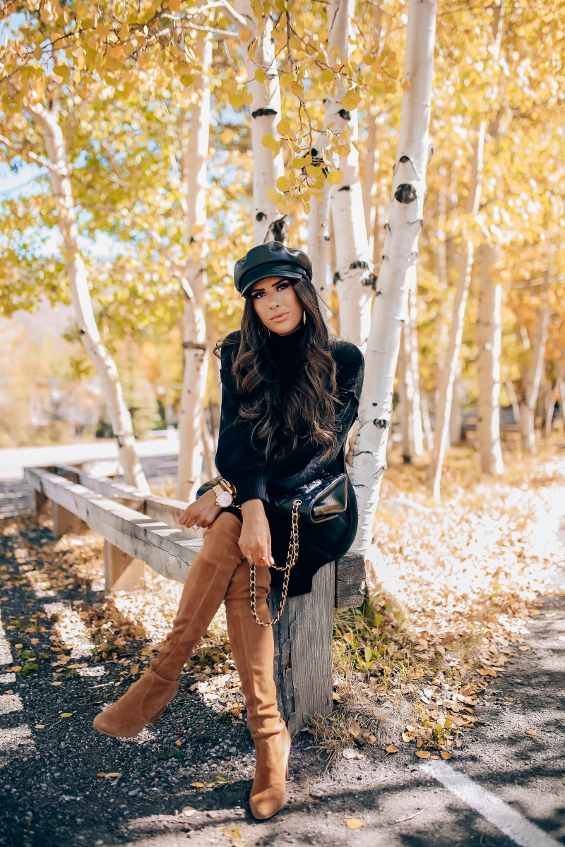 Stuart Weitzman Hiline over the knee boot in tan camel, fall fashion pinterest 2018, stuart weitzman over the knee tan boots, chanel maxi classic black, brixton faux leather baker boy cap, fall outfit with over the knee boots-4