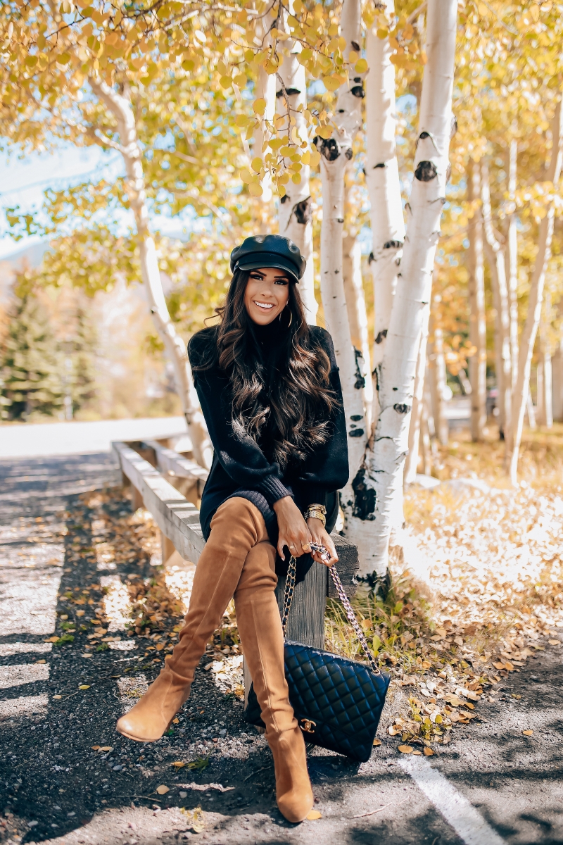 fall fashion pinterest 2018, stuart weitzman over the knee tan boots, chanel maxi classic black, brixton faux leather baker boy cap, fall outfit with over the knee boots-4