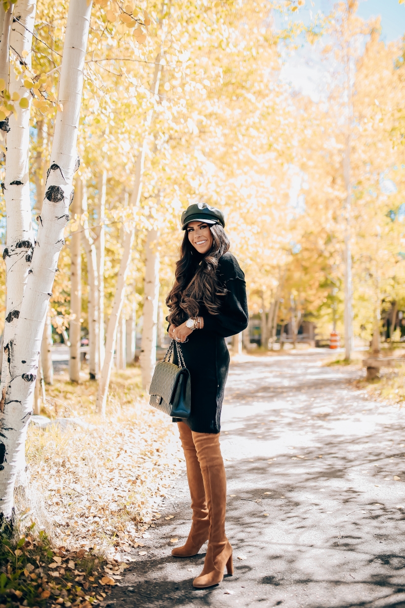 fall fashion pinterest 2018, stuart weitzman over the knee tan boots, chanel maxi classic black, brixton faux leather baker boy cap, fall outfit with over the knee boots-4