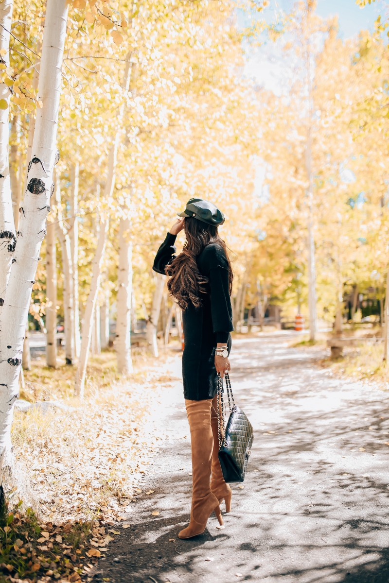 fall fashion pinterest 2018, stuart weitzman over the knee tan boots, chanel maxi classic black, brixton faux leather baker boy cap, fall outfit with over the knee boots-4