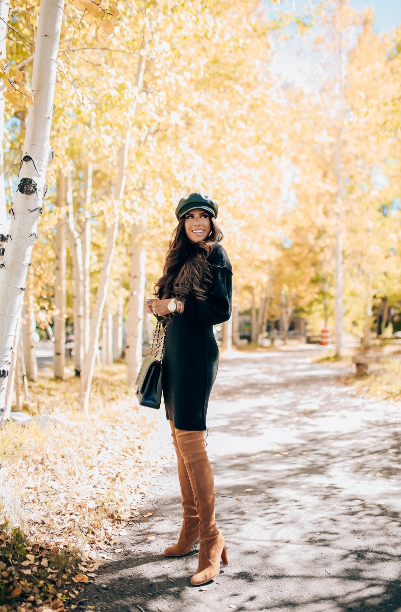 fall fashion pinterest 2018, stuart weitzman over the knee tan boots, chanel maxi classic black, brixton faux leather baker boy cap, fall outfit with over the knee boots-4
