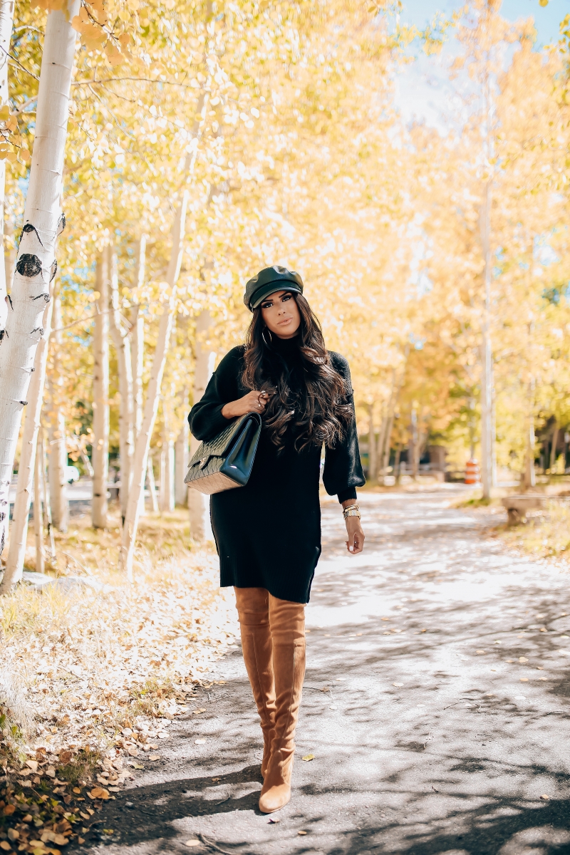 fall fashion pinterest 2018, stuart weitzman over the knee tan boots, chanel maxi classic black, brixton faux leather baker boy cap, fall outfit with over the knee boots-4