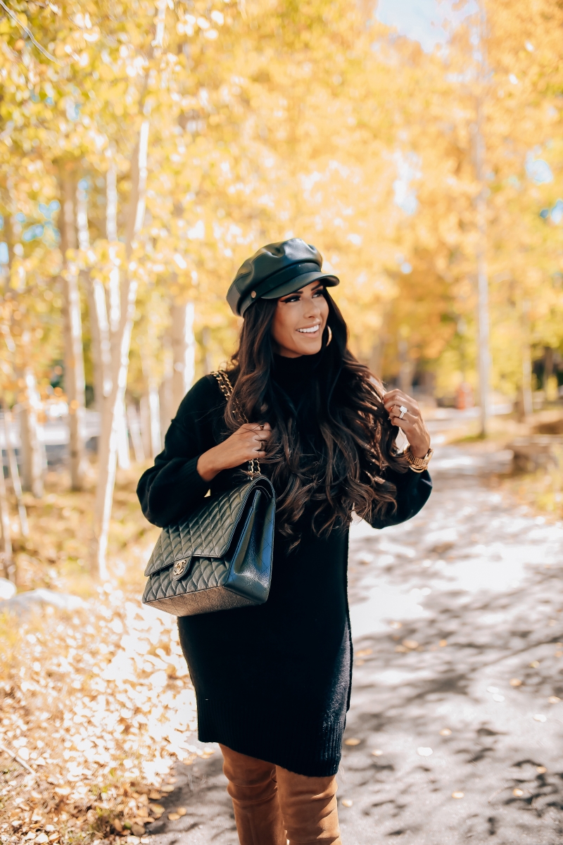 fall fashion pinterest 2018, stuart weitzman over the knee tan boots, chanel maxi classic black, brixton faux leather baker boy cap, fall outfit with over the knee boots-4