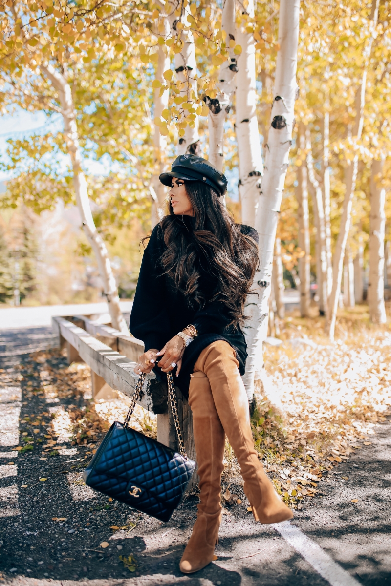 fall fashion pinterest 2018, stuart weitzman over the knee tan boots, chanel maxi classic black, brixton faux leather baker boy cap, fall outfit with over the knee boots-4