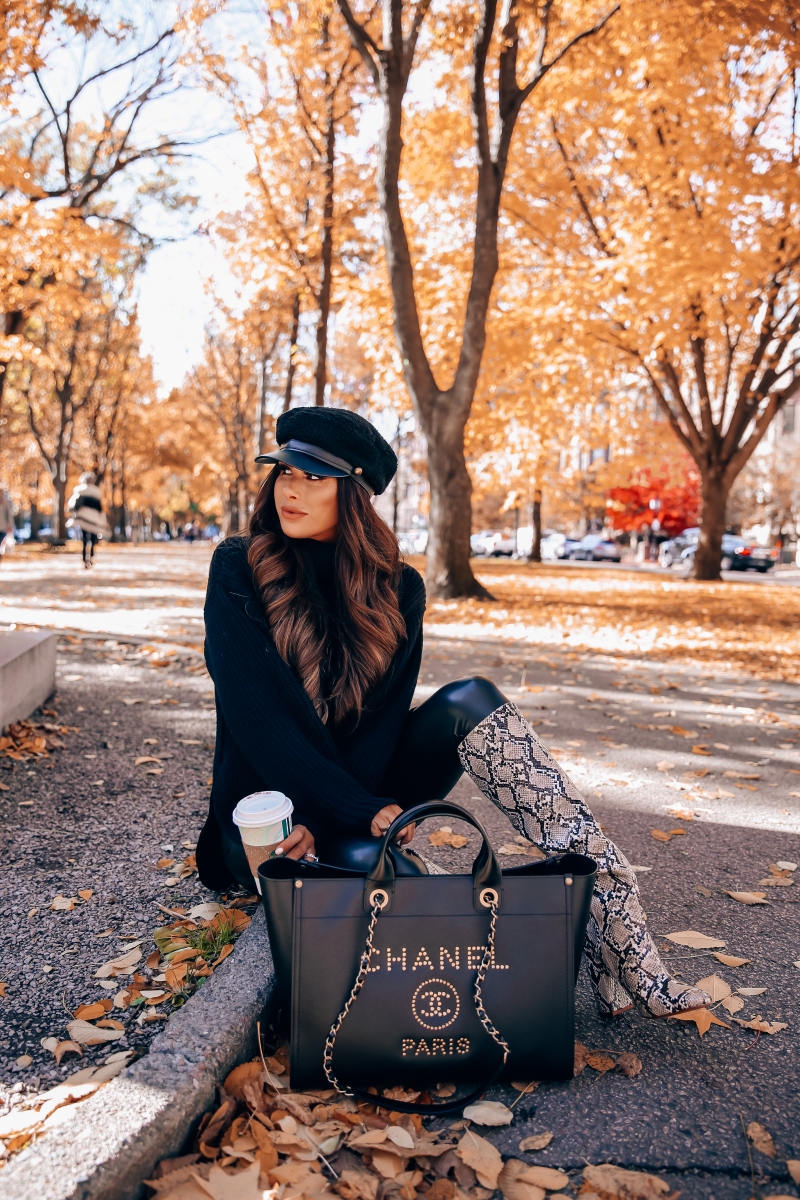 Fall fashion pinterest 2018, cute fall outfit idea leather leggings pinterest 2018, Zara snakeskin boots 2018, Chanel leather deauville gold hardware large-6