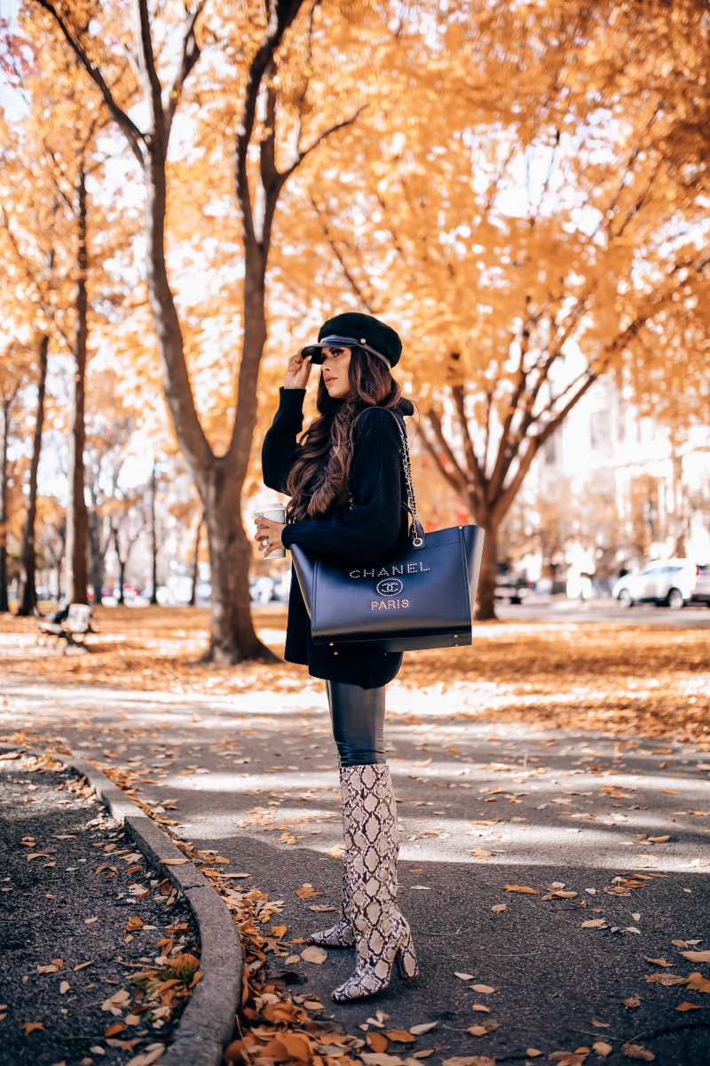 Fall fashion pinterest 2018, cute fall outfit idea leather leggings pinterest 2018, Zara snakeskin boots 2018, Chanel leather deauville gold hardware large1