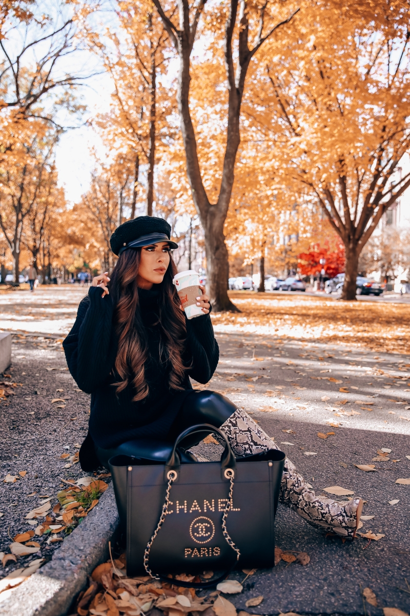 cute fashionable fall outfit leather leggings fall pinterest 2018, Black chanel Deauville leather gold hard ware large 2018, cabbie cap, Zara snakeskin boots fall 2018, popular fashion bloggers, Emily ann gemma, the sweetest thing