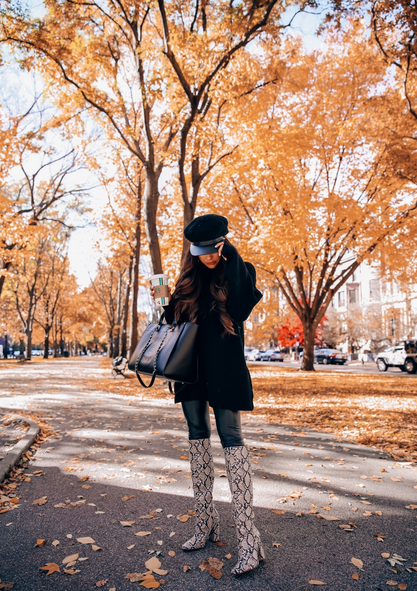 Fall fashion pinterest 2018, cute fall outfit idea leather leggings pinterest 2018, oversized sweater with leggings cute outfit, Zara snakeskin boots 2018