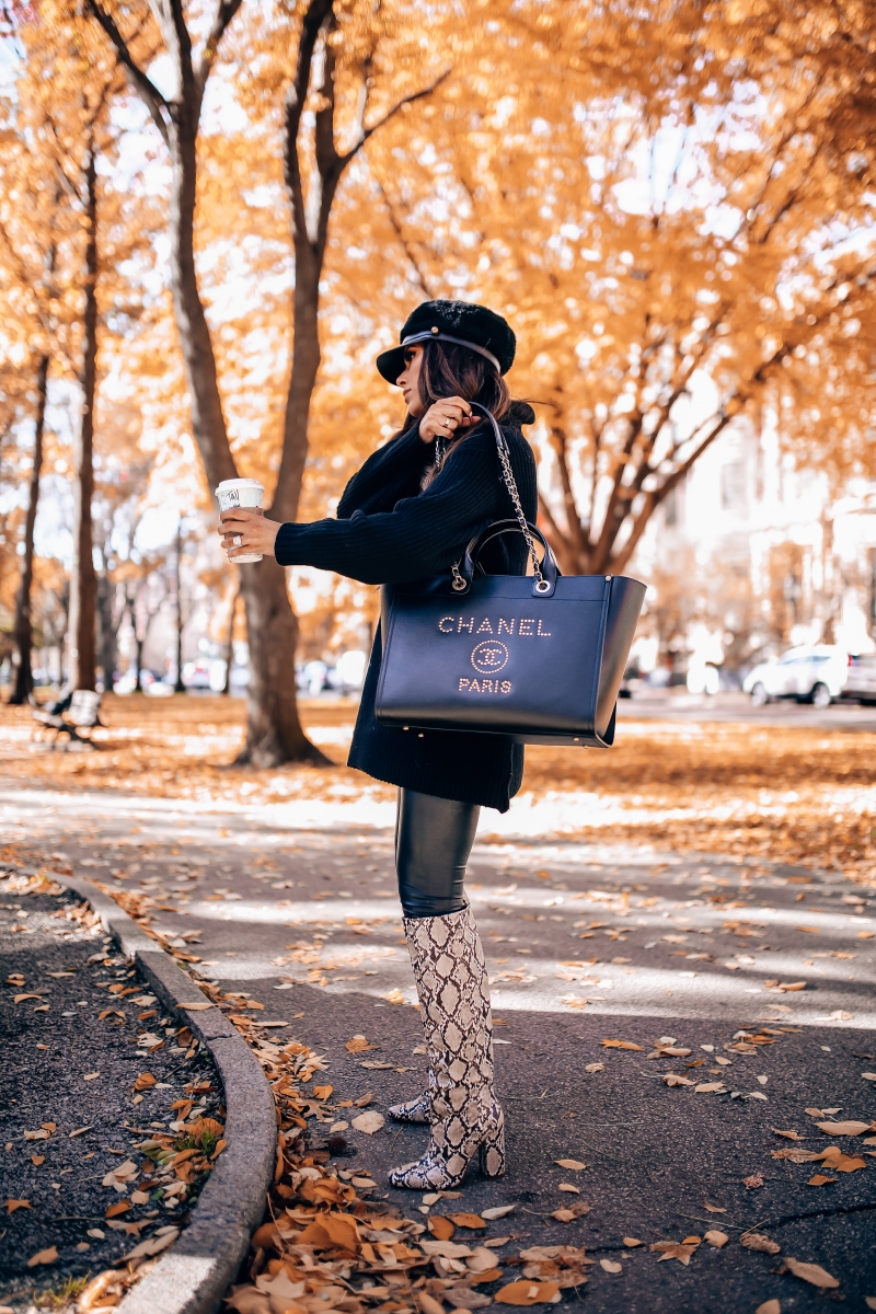 cute fashionable fall outfit leather leggings fall pinterest 2018, Black chanel Deauville leather gold hard ware large 2018, cabbie cap, Zara snakeskin boots fall 2018, popular fashion bloggers, Emily ann gemma, the sweetest thing