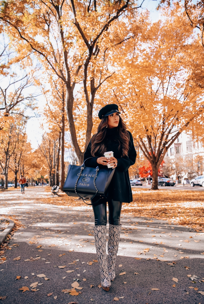 cute fall outfit idea leather leggings pinterest 2018, oversized sweater with leggings cute outfit, Zara snakeskin boots 2018, Chanel leather deauville gold hardware large-2