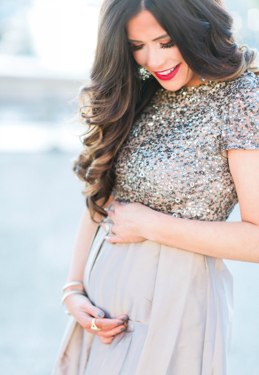 styling sequins holidays 2018, emily ann gemma, pregnancy announcement paris | Sequin Leggings Outfit by popular US fashion blog, The Sweetest Thing: image of a woman wearing a taupe sequin dress.