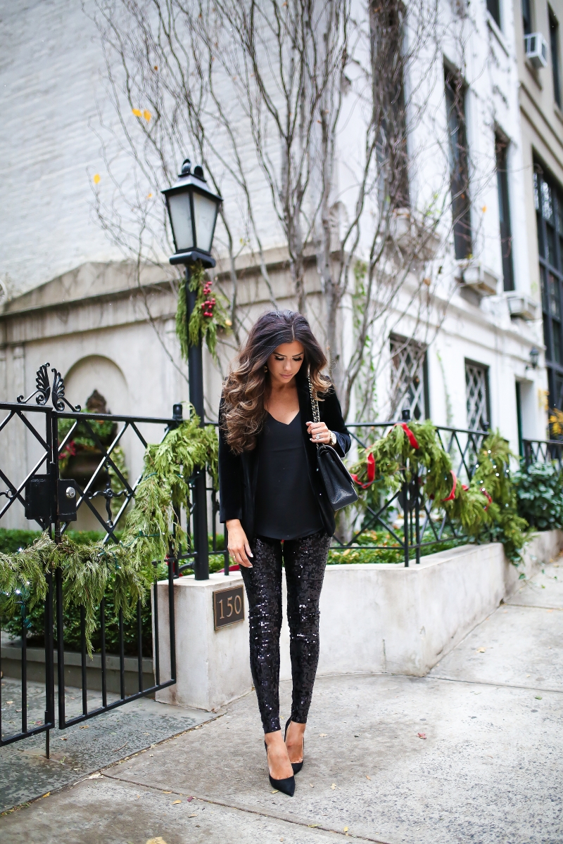 velvet-blazer-outfit-idea-pinterest-sequin-leggings-outfit-pinterest-emily-ann-gemma-5 | Sequin Leggings Outfit by popular US fashion blog, The Sweetest Thing: image of a woman wearing black sequin leggings, a black velvet top and black heels.