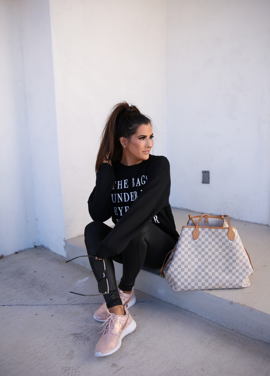 bags under my eyes are designer sweatshirt, jaclyn hill quay sunglasses, emily ann gemma, rose gold sparkly nike roshe, spanx faux leather leggings-2