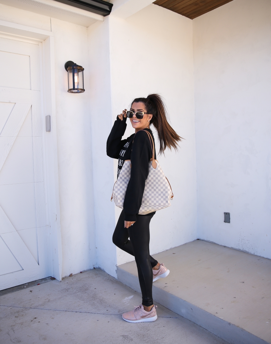 bags under my eyes are designer sweatshirt, jaclyn hill quay sunglasses, emily ann gemma, rose gold sparkly nike roshe, spanx faux leather leggings-2