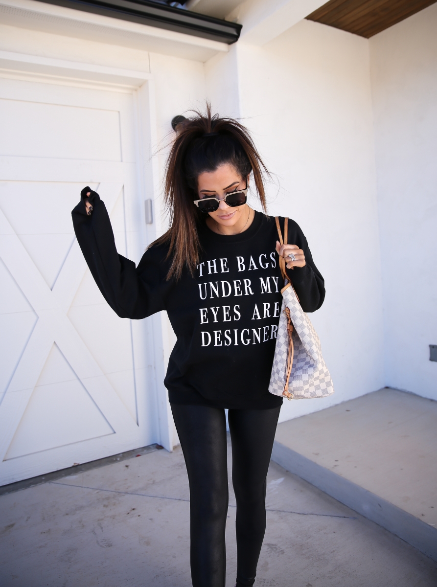 bags under my eyes are designer sweatshirt, jaclyn hill quay sunglasses, emily ann gemma, rose gold sparkly nike roshe, spanx faux leather leggings-2