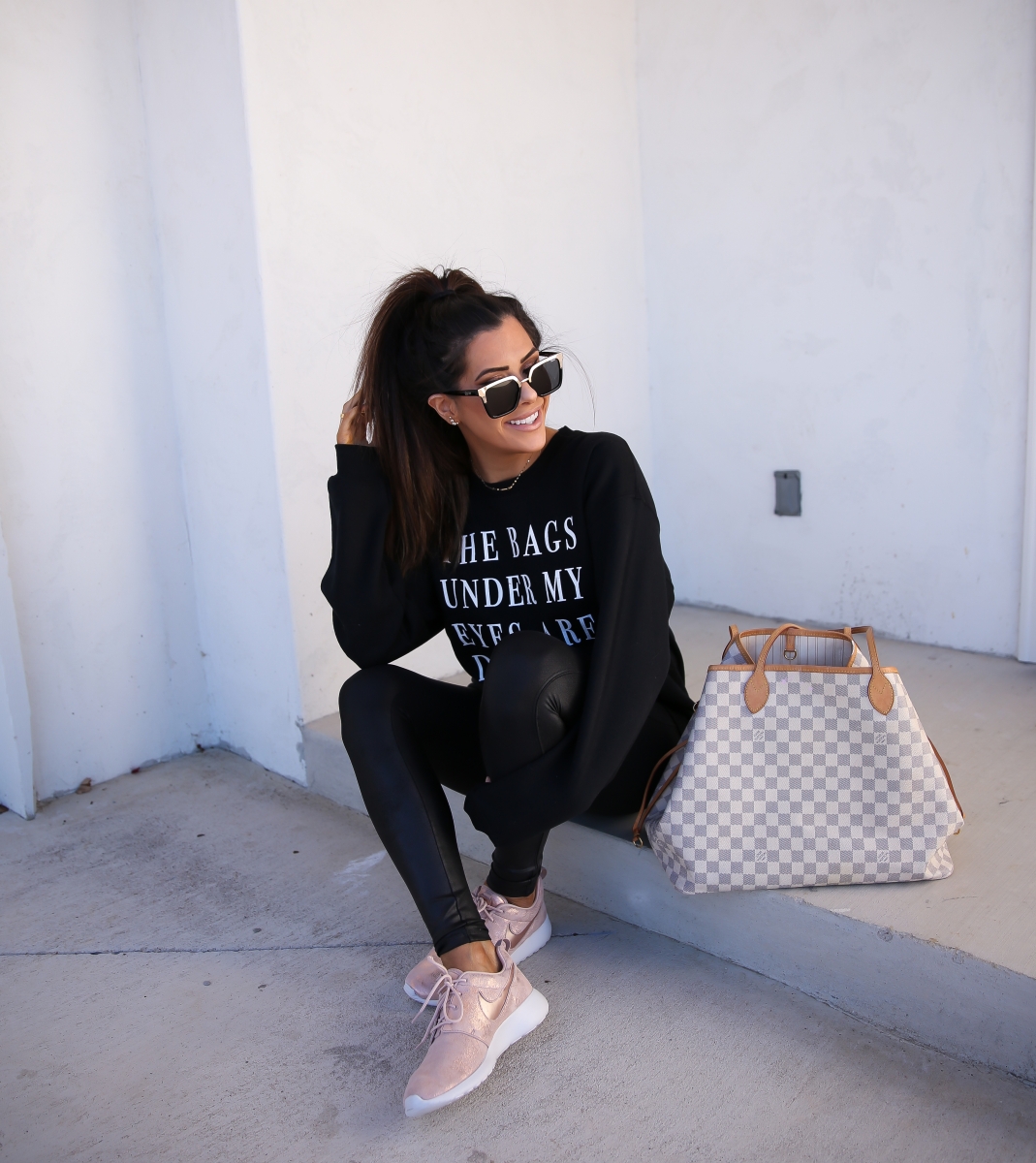 bags under my eyes are designer sweatshirt, jaclyn hill quay sunglasses, emily ann gemma, rose gold sparkly nike roshe, spanx faux leather leggings-2