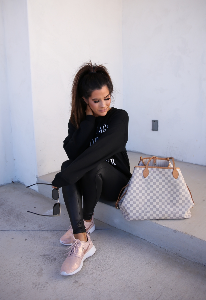 bags under my eyes are designer sweatshirt, jaclyn hill quay sunglasses, emily ann gemma, rose gold sparkly nike roshe, spanx faux leather leggings-2