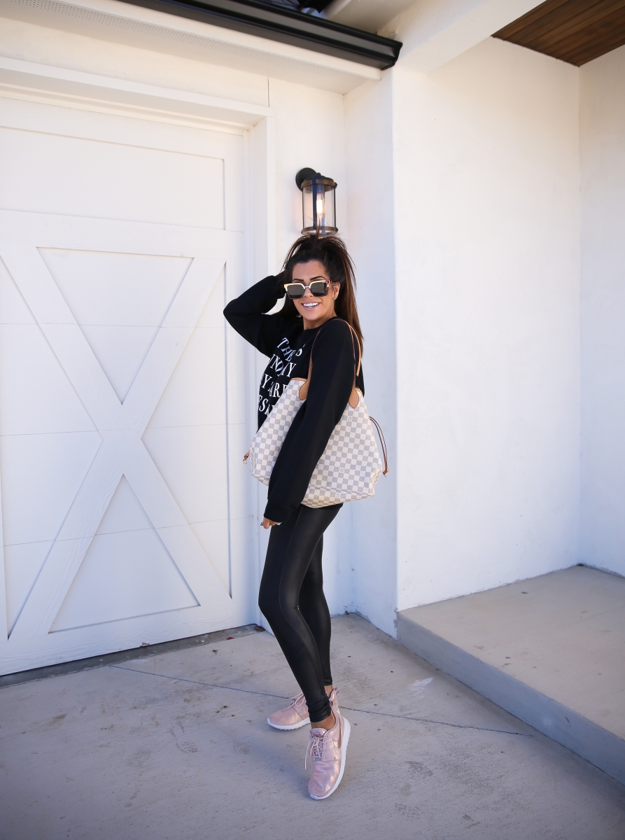 bags under my eyes are designer sweatshirt, jaclyn hill quay sunglasses, emily ann gemma, rose gold sparkly nike roshe, spanx faux leather leggings-2