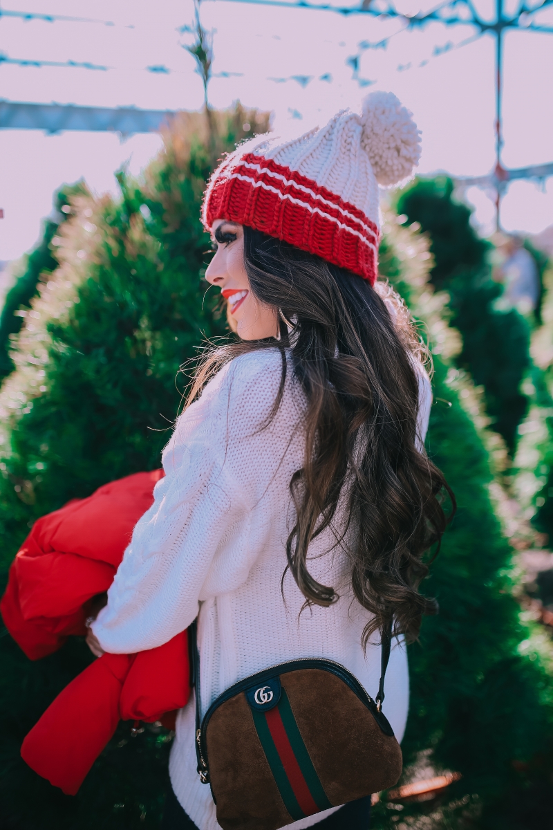 cute christmas outfit sweater & boots pinterest 2018, cute winter fashion 2018 2019, gucci ophelia bag, red puffer cropped jacket, emily ann gemma
