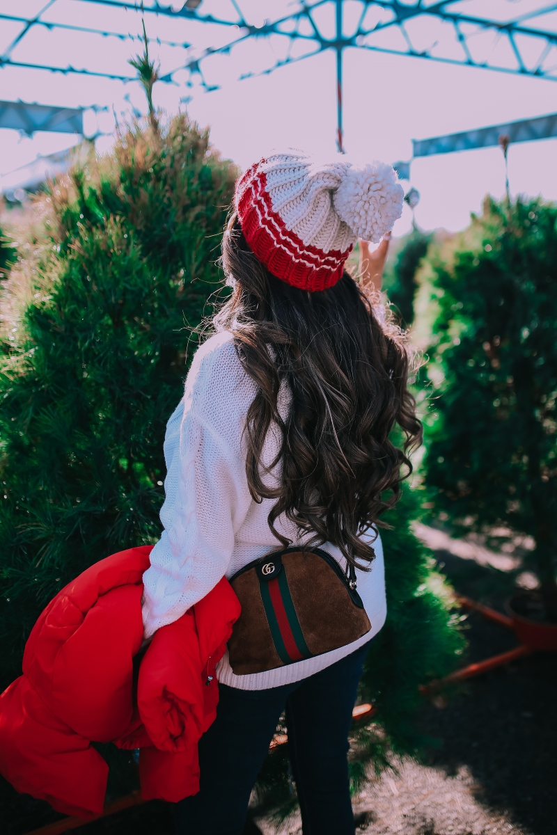 cute christmas outfit sweater & boots pinterest 2018, cute winter fashion 2018 2019, gucci ophelia bag, red puffer cropped jacket, emily ann gemma