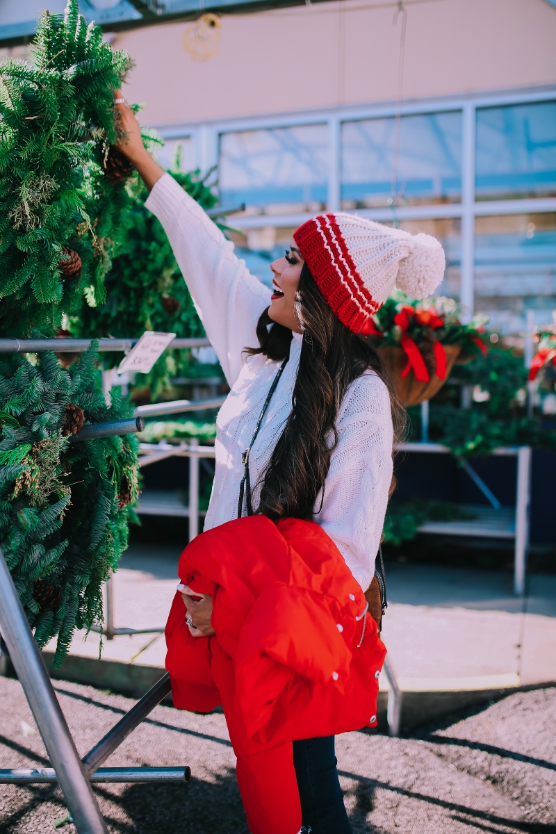 cute christmas outfit sweater & boots pinterest 2018, cute winter fashion 2018 2019, gucci ophelia bag, red puffer cropped jacket, emily ann gemma