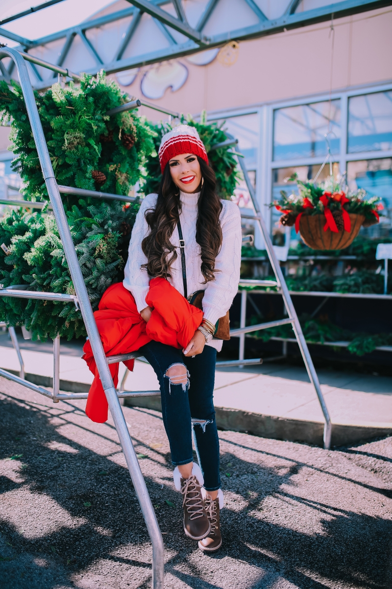 cute christmas outfit sweater & boots pinterest 2018, cute winter fashion 2018 2019, gucci ophelia bag, red puffer cropped jacket, emily ann gemma