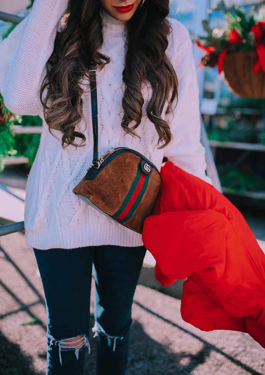 cute christmas outfit sweater & boots pinterest 2018, cute winter fashion 2018 2019, gucci ophelia bag, red puffer cropped jacket, emily ann gemma