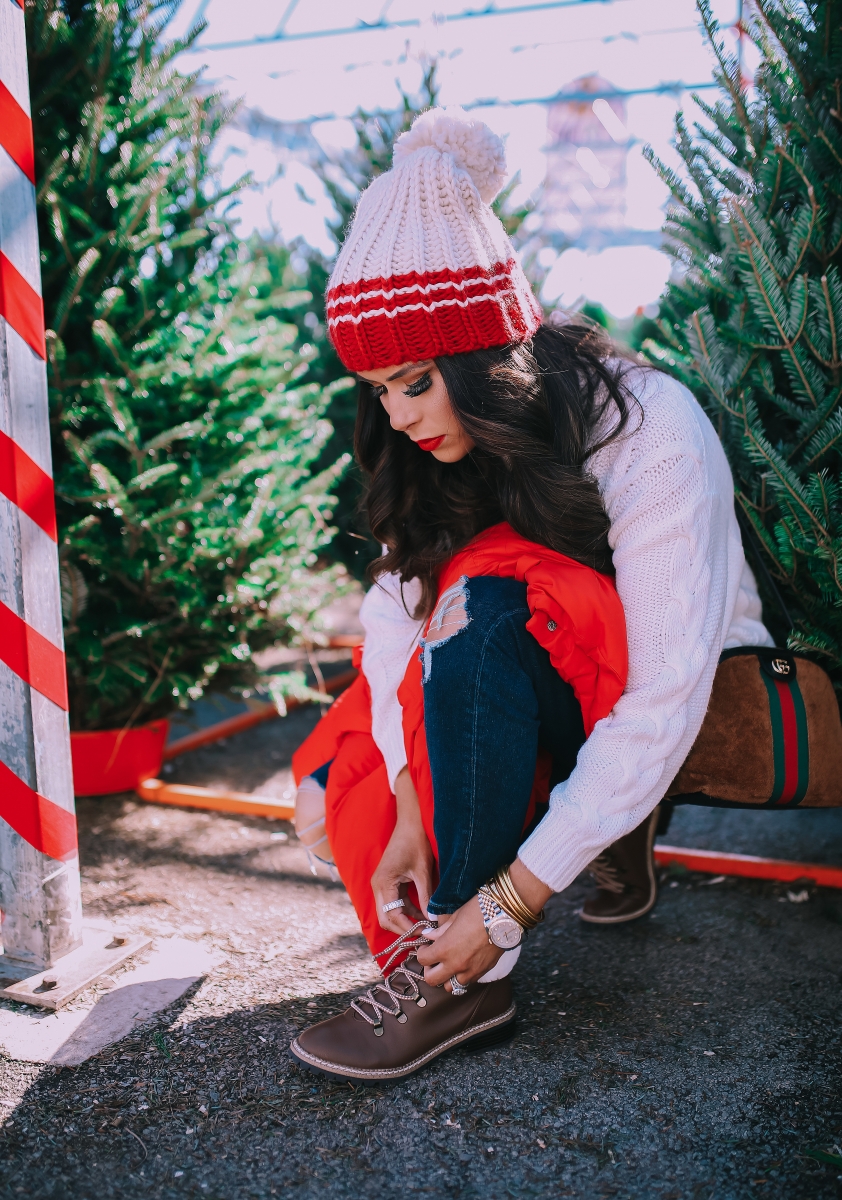 cute christmas outfit sweater & boots pinterest 2018, cute winter fashion 2018 2019, gucci ophelia bag, red puffer cropped jacket, emily ann gemma