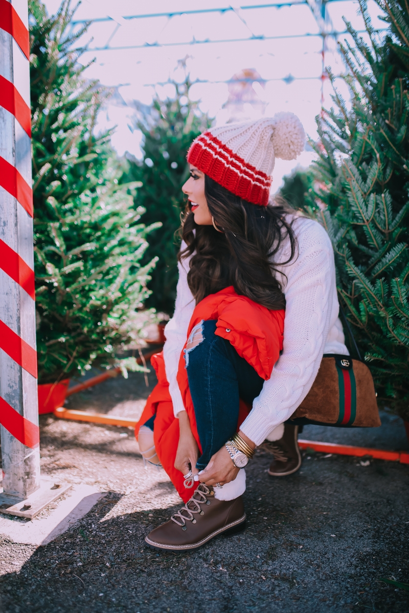 cute christmas outfit sweater & boots pinterest 2018, cute winter fashion 2018 2019, gucci ophelia bag, red puffer cropped jacket, emily ann gemma