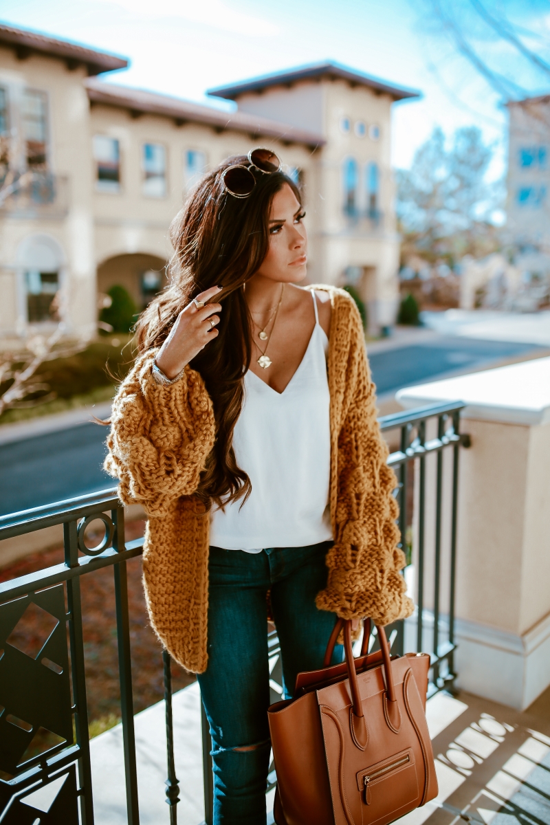 bobble chunky knit cardigan, knitted cardigan pom pom sleeve, cute fall fashion outfits with knitted cardigans pinterest 2018, emily ann gemma, tan celine mini luggage, platform bootie tan suede-2