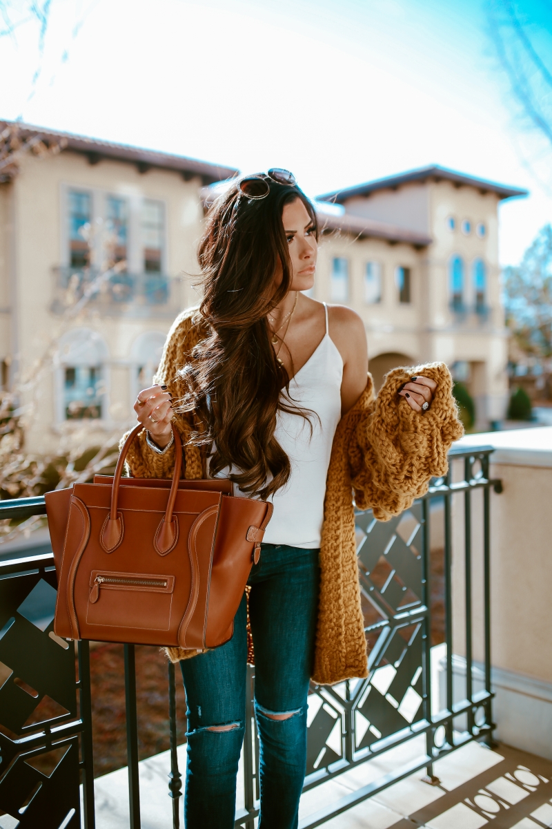 bobble chunky knit cardigan, knitted cardigan pom pom sleeve, cute fall fashion outfits with knitted cardigans pinterest 2018, emily ann gemma, tan celine mini luggage, platform bootie tan suede-2