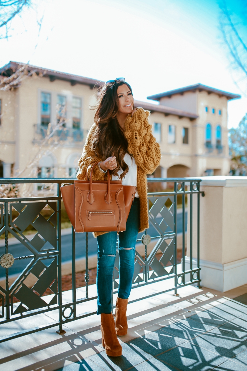 bobble chunky knit cardigan, knitted cardigan pom pom sleeve, cute fall fashion outfits with knitted cardigans pinterest 2018, emily ann gemma, tan celine mini luggage, platform bootie tan suede-2