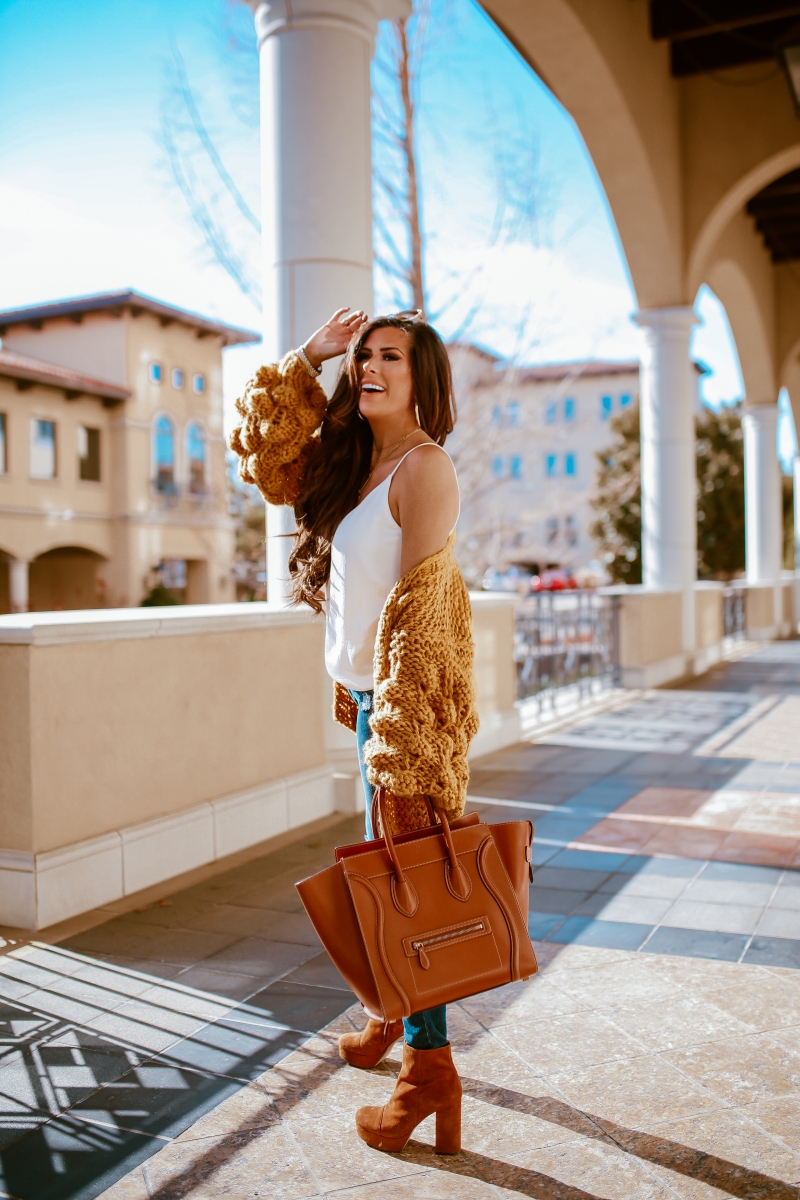 bobble chunky knit cardigan, knitted cardigan pom pom sleeve, cute fall fashion outfits with knitted cardigans pinterest 2018, emily ann gemma, tan celine mini luggage, platform bootie tan suede-2