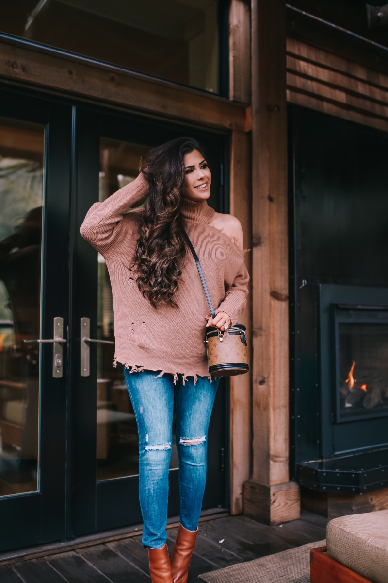 DL1961 maternity jeans, Louis Vuitton Cannes bag reverse, lovers and friends turtleneck distressed cold shoulder, #revolveme, calistoga ranch, emily gemma, pregnancy outfit winter pinterest 2018