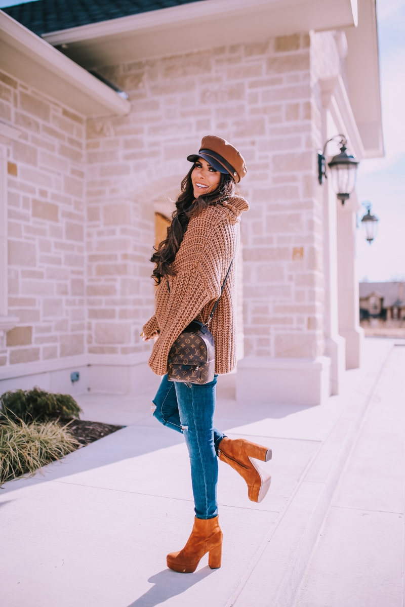 fall winter fashion outfit 2019 pinterest, platform booties, tan baker boy cap, louis vuitton mini palm springs backpack, emily ann gemma, zara outfit sweater 2019-2