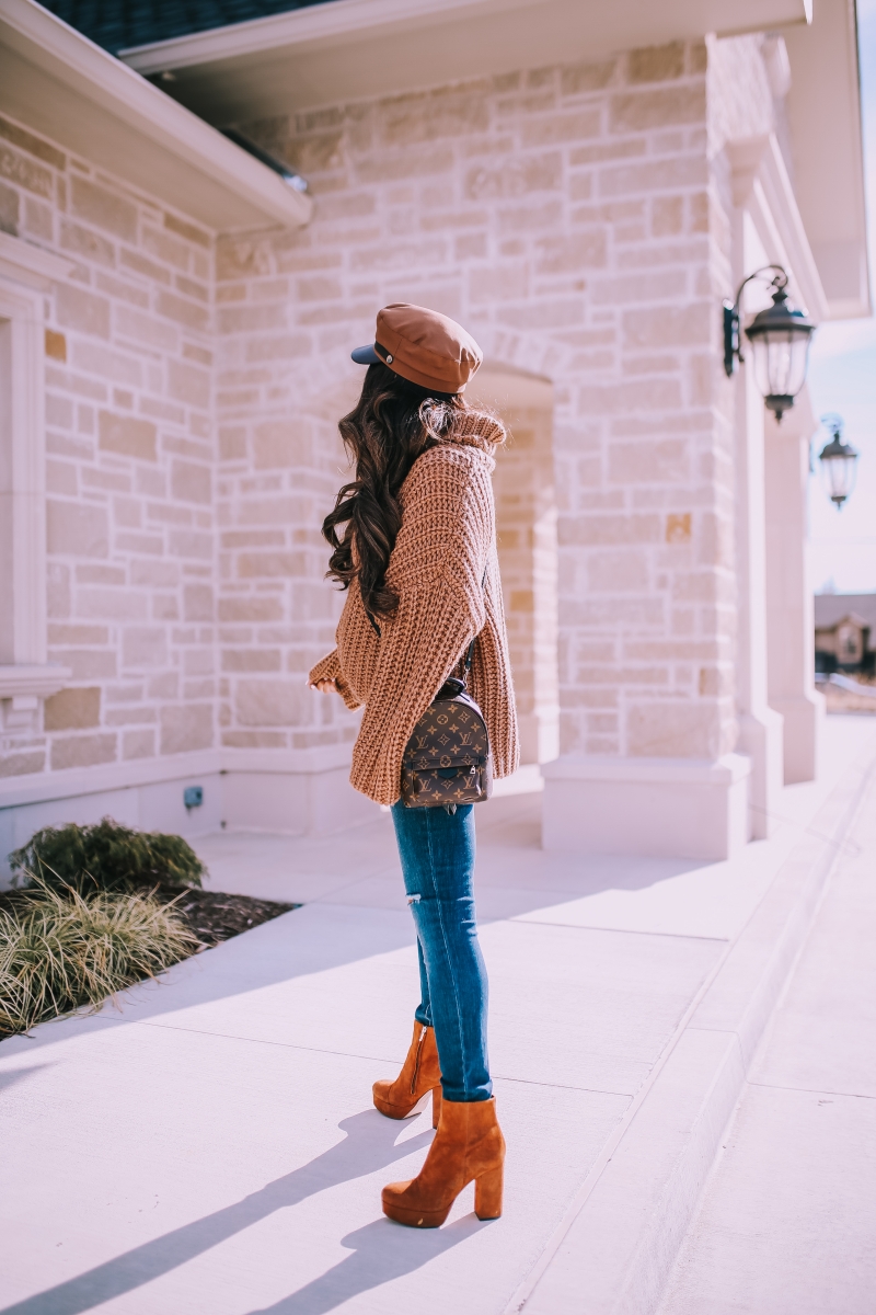 fall winter fashion outfit 2019 pinterest, platform booties, tan baker boy cap, louis vuitton mini palm springs backpack, emily ann gemma, zara outfit sweater 2019-2