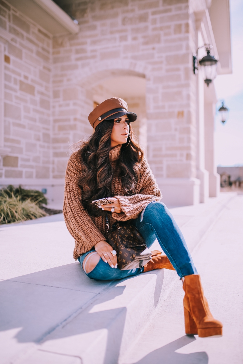 fall winter fashion outfit 2019 pinterest, platform booties, tan baker boy cap, louis vuitton mini palm springs backpack, emily ann gemma, zara outfit sweater 2019-2