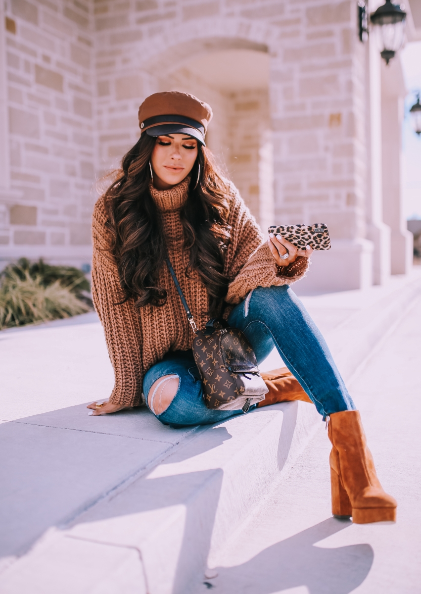 fall winter fashion outfit 2019 pinterest, platform booties, tan baker boy cap, louis vuitton mini palm springs backpack, emily ann gemma, zara outfit sweater 2019-2