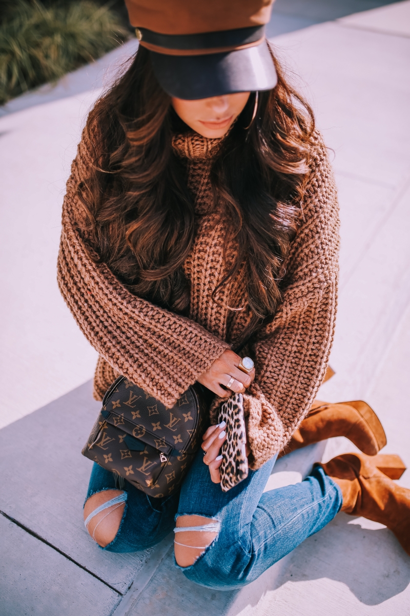 fall winter fashion outfit 2019 pinterest, platform booties, tan baker boy cap, louis vuitton mini palm springs backpack, emily ann gemma, zara outfit sweater 2019-2