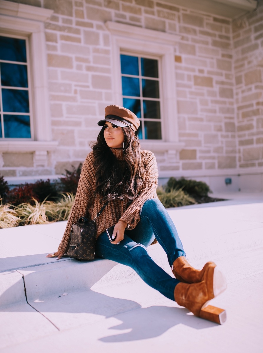 fall winter fashion outfit 2019 pinterest, platform booties, tan baker boy cap, louis vuitton mini palm springs backpack, emily ann gemma, zara outfit sweater 2019-2