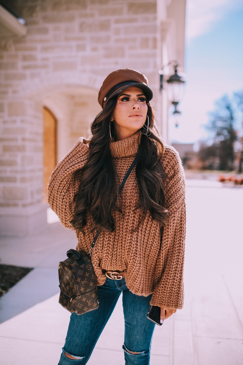 fall winter fashion outfit 2019 pinterest, platform booties, tan baker boy cap, louis vuitton mini palm springs backpack, emily ann gemma, zara outfit sweater 2019-2