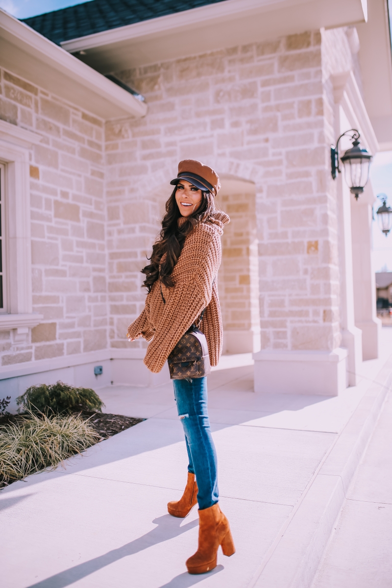 fall winter fashion outfit 2019 pinterest, platform booties, tan baker boy cap, louis vuitton mini palm springs backpack, emily ann gemma, zara outfit sweater 2019-2