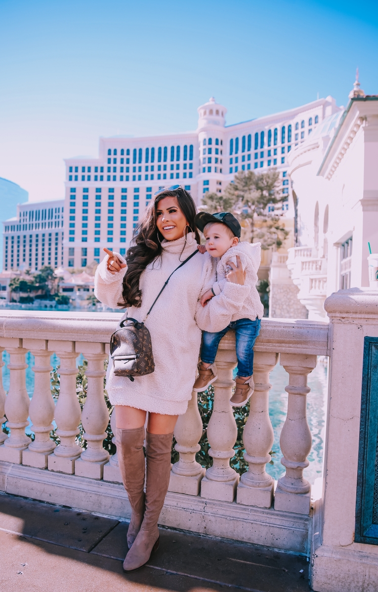 sherpa dress missguided, dress with over the knee boots outfit pinterest, las vegas fashion blogger, travel blogger, emily ann gemma, toddler boy fashion fall winter pinterest 2019, taupe over the knee boots, winter fashion 2019 pinterest womens dress