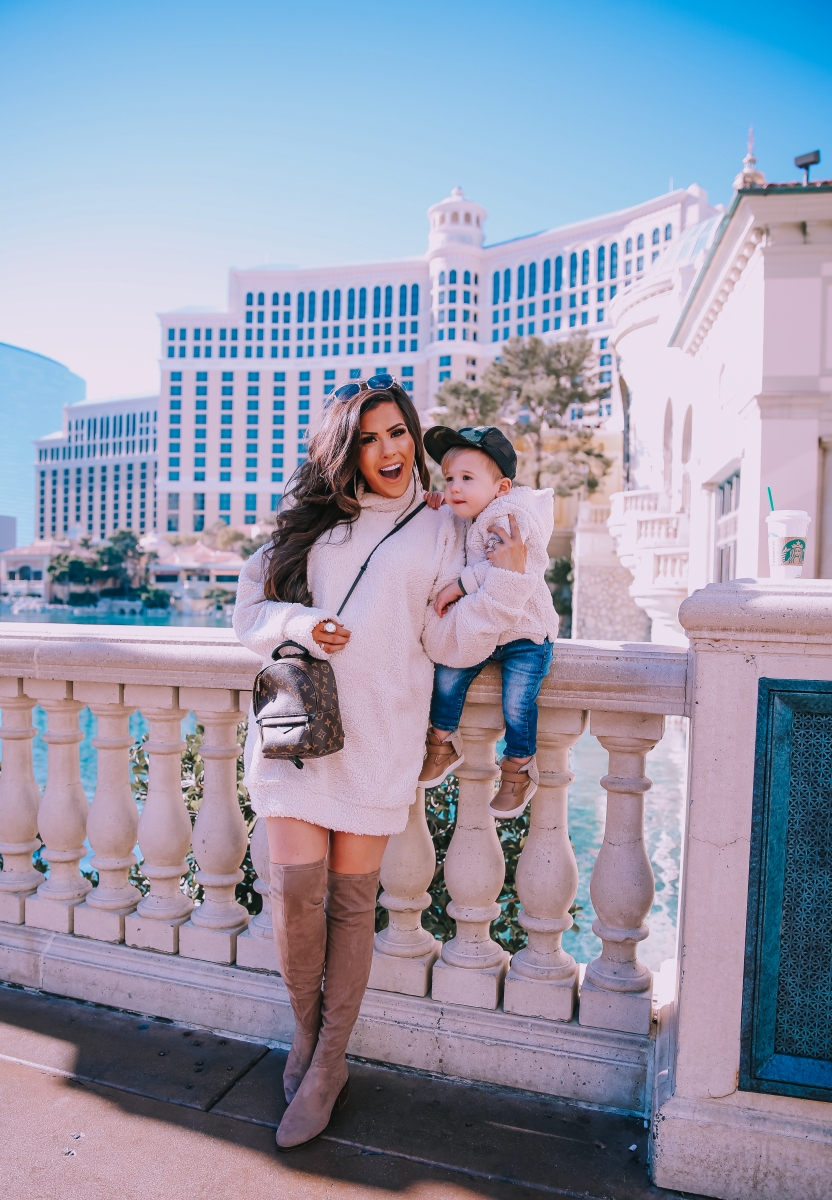 sherpa dress missguided, dress with over the knee boots outfit pinterest, las vegas fashion blogger, travel blogger, emily ann gemma, toddler boy fashion fall winter pinterest 2019, taupe over the knee boots, winter fashion 2019 pinterest womens dress