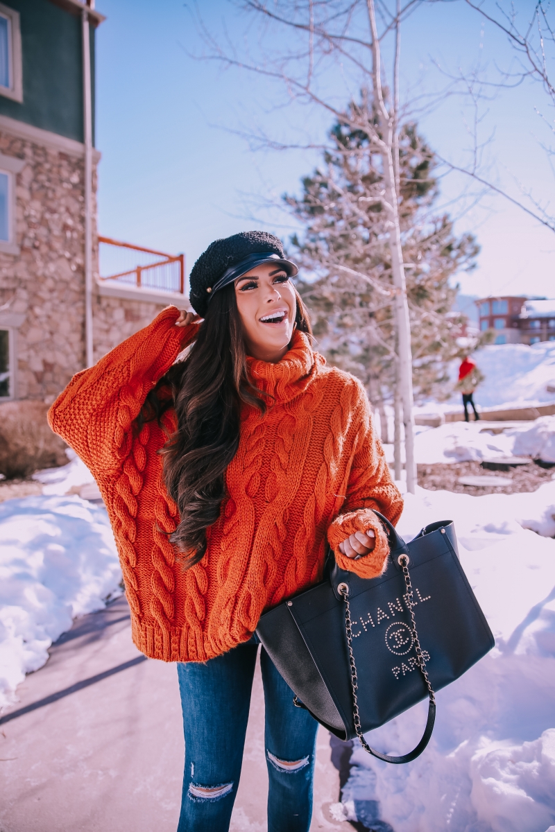 Bright Orange Sweater In Snowy Park City | The Sweetest Thing