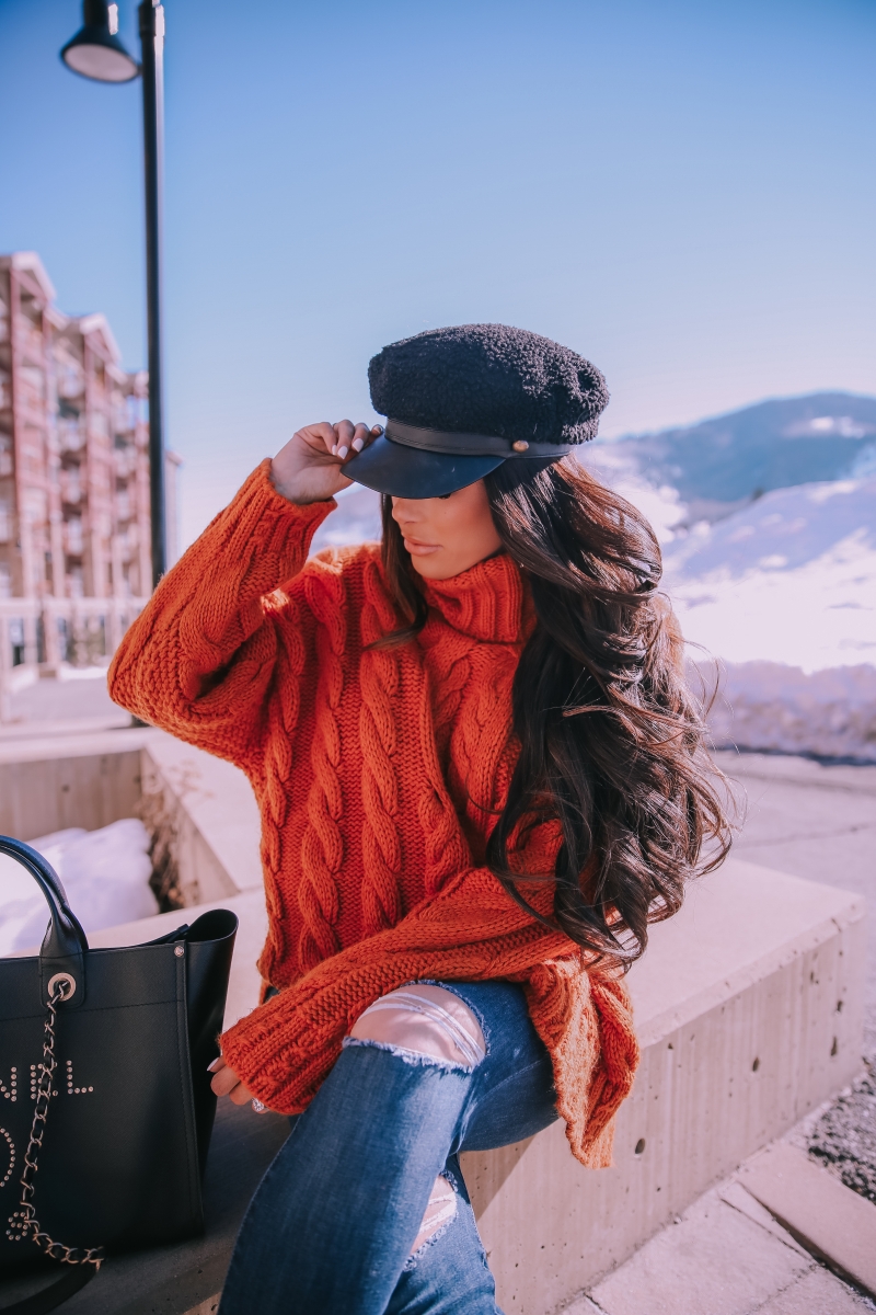 Bright Orange Sweater In Snowy Park City | The Sweetest Thing