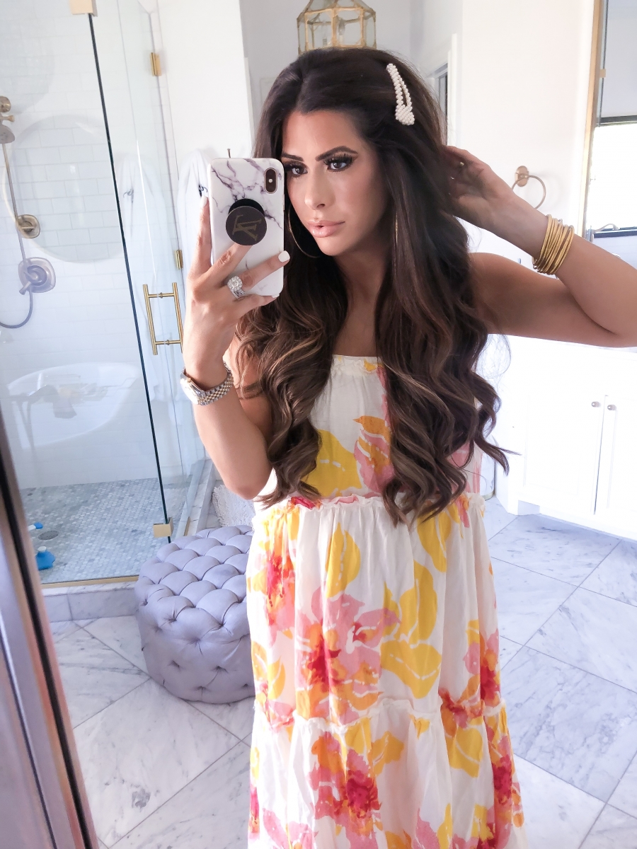 free people floral maxi dress, pearl hair clip, Louis Vuitton Popsocket, Emily ann gemma instagram, cute spring fashion outfits pinterest 2019, revolve dresses