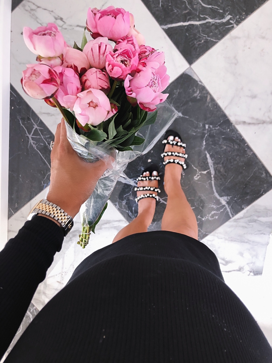 pearl embellished sandals, Emily gemma instagram, Emily gemma new house, black and white marble floors